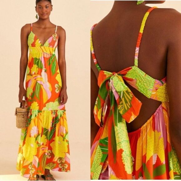 FARM Rio Neon Floral Tiered Cotton Maxi Dress - Picture 1 of 14